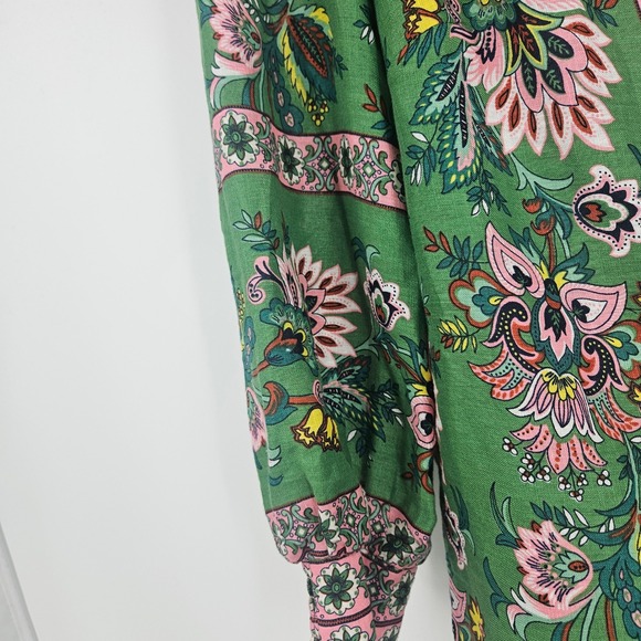 Boden Alicia Peasant Blouse Green Floral Paisley Linen Blend Puff Sleeve Size 2 - Picture 5 of 10